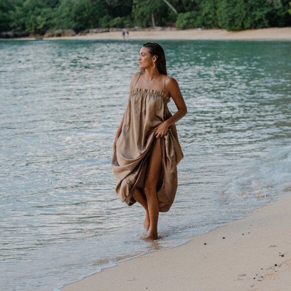 L'Academie Satin Paperbag Top Maxi Dress- Mocha/Brown - Picture 1 of 8